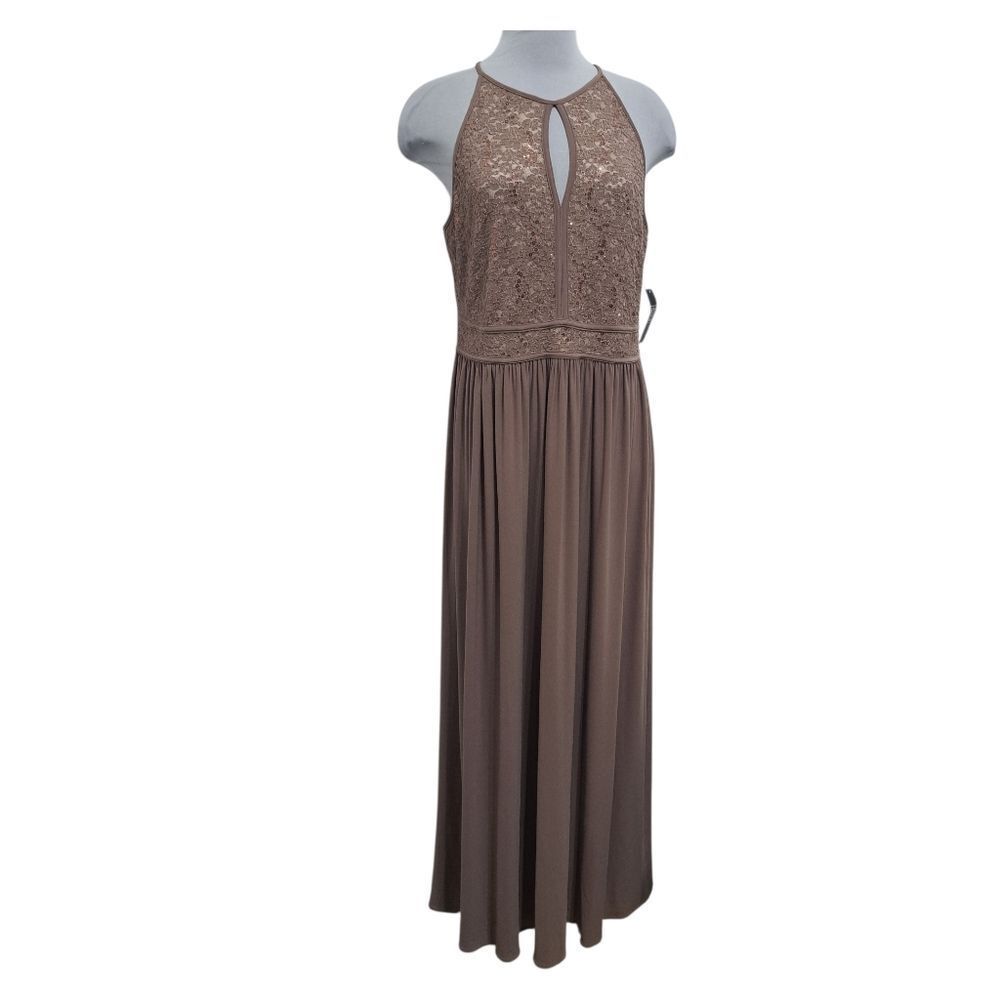 Nightway NW Elegant Sequined Halter Neck Party Maxi Plus Size Dress 16W Taupe NW